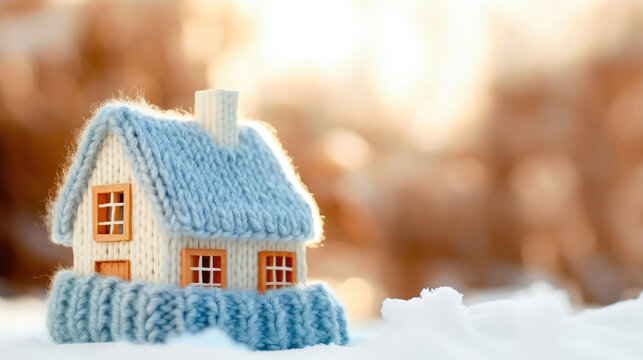 Charming knitted house: a cozy abode on a blurry winter background - Generative AI