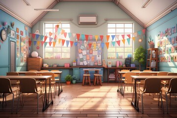 Back to School: Elementary Classroom Concept. AI