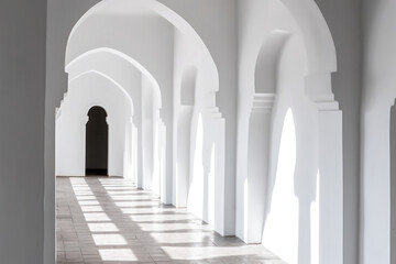 White corridor with arches, doorway, shadows and sun light