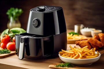 Air Fryer Appliance Black Oil-Free Cooking on Wooden Table with Cement Wall Kitchen. Generative AI