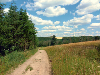 Fototapeta na wymiar Feldweg durch Sommerlandschaft mit Hügeln, Wiesen und Wald vor blauem Himmel bei Bourscheid im Norden von Luxemburg in den luxemburgischen Ardennen auf dem Wanderweg Escapardenne Lee Trail.