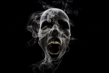 Skeletal face illustration made from wisps of smoke on black background. 