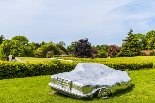 The German Couch, 2021, installation at Yorkshire Sculpture Park, part of Trap of the Truth exhibition by Austrian sculptor Erwin Wurm.