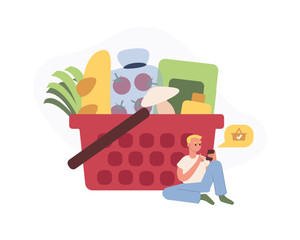 Cartoon man filled grocery cart online on mobile app. Choosing fruits, vegetables and beverages via mobile applications. Online grocery shopping. Vector illustration