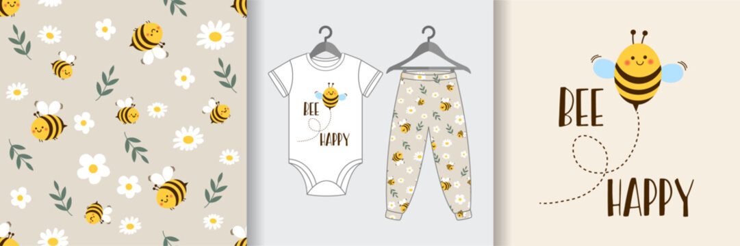 Seamless pattern for kid with cute bee and flowers. Cute design pajamas. Baby background for clothes, t-shirt print, kids wear fashion, wrapping, room birthday decor-2