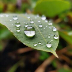 Leaf with close up multiple water droplets detail. 