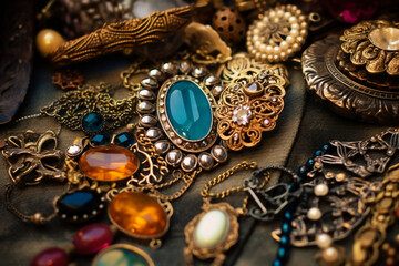 A captivating close-up photograph showcasing an assortment of vintage jewelry items, meticulously laid out on an antique lace cloth at a flea market.