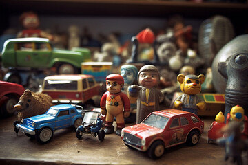  A close-up photograph capturing an assortment of old, well-loved toys spread out on a table at a garage sale. Each toy tells its own story.