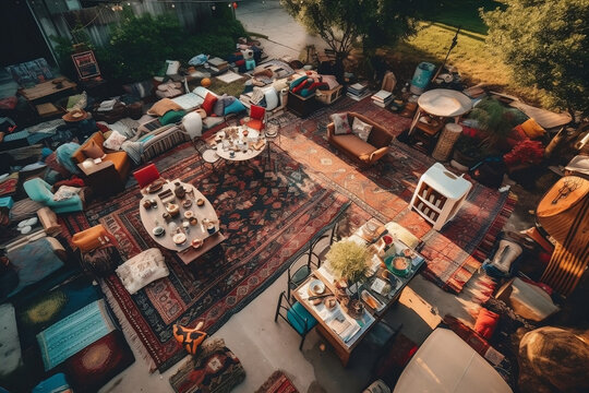 An engaging overhead photograph capturing the bustling atmosphere of a community yard sale. The variety of items displayed on colorful rugs and tables paints a lively picture of this popular event.