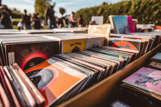 A high-angle photograph showcasing a collection of vinyl records at a yard sale. The varied album covers create an eye-catching mosaic.