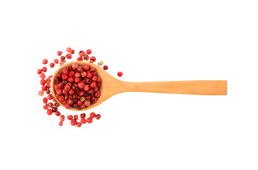 dried pink peppers in wood spoon isolated on transparent png