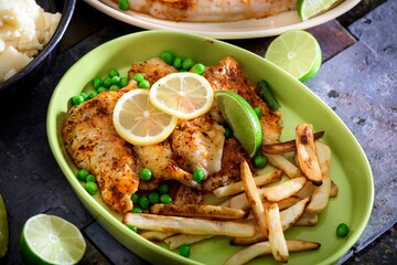 Flavorful Delight: Cajun Style Baked Fish Fillet with Fries and Lemon in Exquisite 4K Close-Up