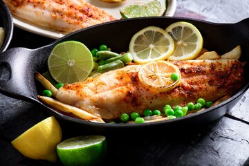 Flavorful Delight: Cajun Style Baked Fish Fillet with Fries and Lemon in Exquisite 4K Close-Up