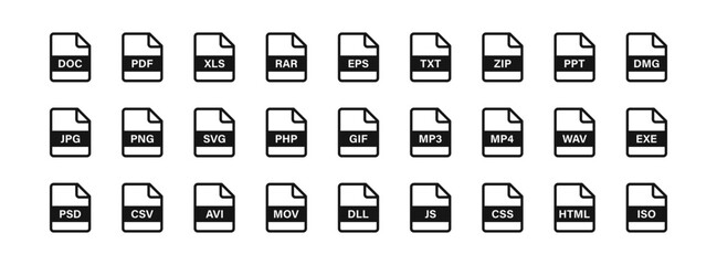 File icon. Format of documents on the computer symbol. jpg, pdf, doc, rar, eps, txt, zip, ppt signs. Video files symbols. Presentation, audio, design icons. Black color. Vector isolated sign.