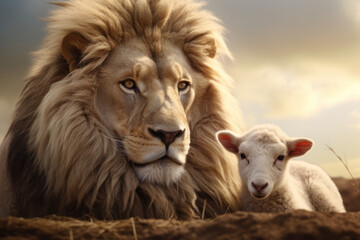 Lion and lamb lie together in nature. AI generative.