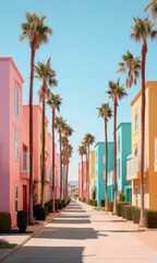 Fototapeta na wymiar Illustration of a summer street with pastel buildings and palm trees. Abstract travel scene. Generative AI.