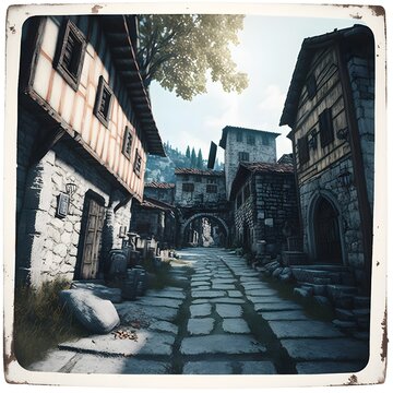A 1983 polaroid photograph taken in downtown Whiterun in Skyrim Street photography Medieval Architecture Realistic Disposable Camera Morrowind Cobblestone Streets Pictures of France in the 1970s 