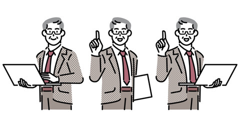 Set of businessmen standing with laptops in three different poses.