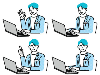 Fototapeta na wymiar Set of vector illustrations of business people sitting and working on laptops in various poses.
