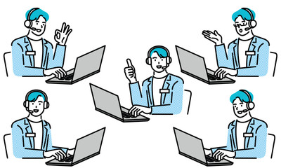Set of various poses of customer service male employee, businessman wearing headset. Consultant wearing a headset.
