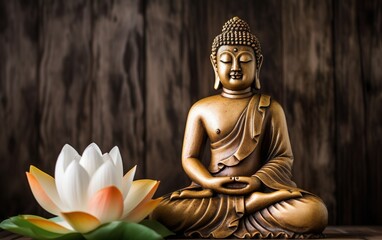 Golden buddha statue with a lotus flower. AI, Generative AI