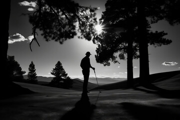 A dramatic black and white photo capturing a golfer at the end of his swing. The shadows cast by the late afternoon sun accentuate the details and add a depth to the scene.