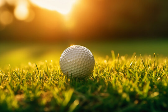 A beautifully detailed photo showcasing a close-up view of a golf ball on a tee. The setting sun and lush green of the golf course serve as a serene backdrop.