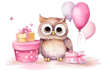 Watercolor illustration of cute owl with colorful balloons. Greeting birthday card, poster, banner for children. Post processed AI generated image.
