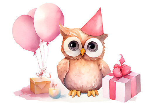 Watercolor illustration of cute owl with colorful balloons. Greeting birthday card, poster, banner for children. Post processed AI generated image.