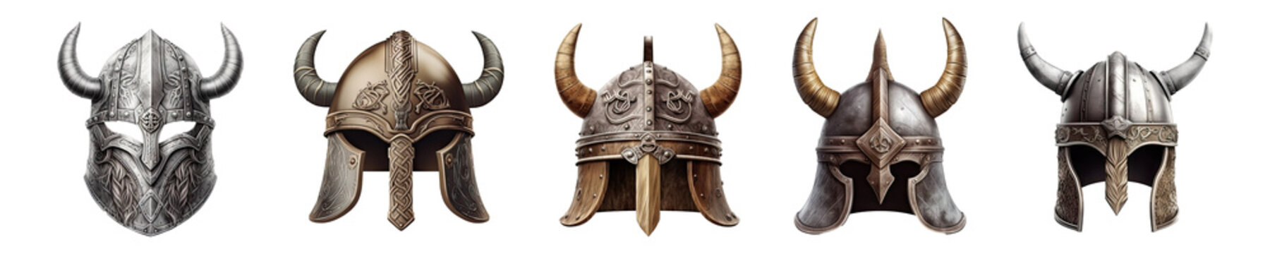 Set of viking helmets isolated on white background - Generative AI
