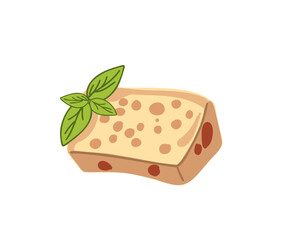 Hard dutch gouda cheese with basil leaves, vector illustration isolated on white background