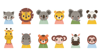 Set of portraits of cute animals. Raccoon, lion, koala, jaguar, elephant, panda, giraffe, hippopotamus, tiger, monkey, zebra, sloth. Vector graphic.