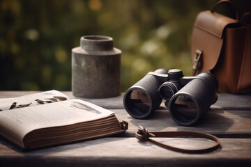 A pair of binoculars and a bird guidebook lay on a wooden table, ready for a summer bird-watching session. This image represents the niche hobby of bird watching during summer vacation. - obrazy, fototapety, plakaty