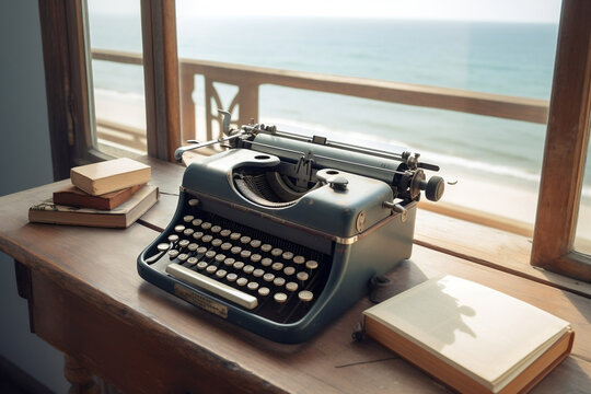 Vintage typewriter on a wooden desk, overlooking the tranquil summer sea, perfect for inspiration while writing a novel or story. This image combines the niche interest in vintage writing equipment wi