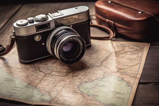 Vintage film camera on a wooden table along with a map and sunglasses, illustrating the planning phase of a summer adventure and the niche hobby of film photography.