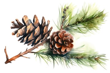 Watercolor illustration of cones on a green pine branch isolated on a white background.