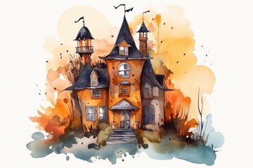 Fototapeta na wymiar Illustration of a Halloween haunted house in a watercolor style on a white background.