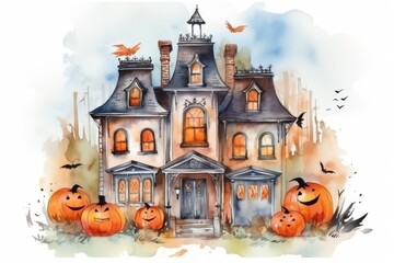 Fototapeta na wymiar Beautiful haunted house and Halloween pumpkins in a watercolor style on a white background.