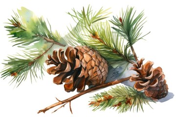Watercolor illustration of pine green branches with cones on a white background.