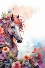 Obraz na płótnie Canvas floral horse frame with white copy space, watercolor painting made with generative ai