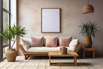 Blank picture frame mockup on gray wall. White living room design. generative AI