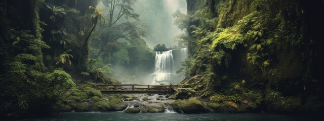 A dreamy and ethereal capture of a waterfall surrounded by lush greenery, evoking a sense of serenity and natural beauty. Web banner backdrop. Generative Ai