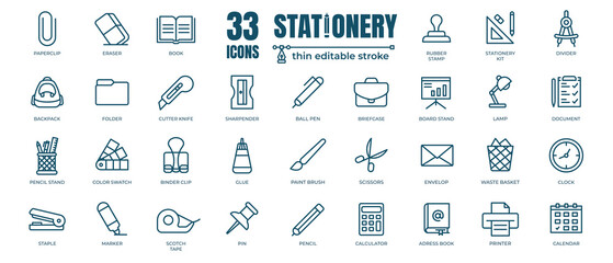 Simple set of Stationery office supply related Vector Line Icons. Contains thin Icons as pencil, divider, staple and marker. Editable Stroke. 48x48 Pixel Perfect