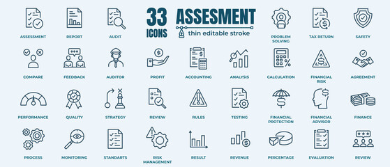 Obraz na płótnie Canvas Assessment icon set. Containing financial statement, audit, financial report, invoice. Pixel perfect 64x64. Editable Strokes