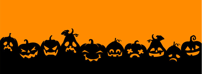 Halloween pumpkin silhouettes panorama background. Halloween holiday vector horizontal backdrop or horror wallpaper with Jack o lantern scary and creepy faces, pumpkin smiling carvings