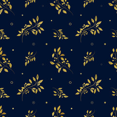 Rich Pattern with Golden Branch. Seamless natural pattern on a dark background. Wedding holiday illustration. Design for wallpaper, magazines and textiles.