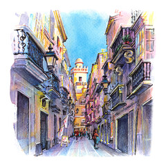 Watercolor sketch of Cadiz street with white tower, Andalusia, Spain. © Kavalenkava