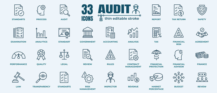 Audit icon set. Accounting line icons collection. Check and audit line icons collection. Vector illustration.Editable Strokes