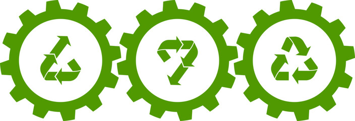Upcycle Downcycle Recycle symbols in cogwheels.