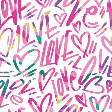 Love Typography Text Heart Shape Drawing. Colorful Abstract Shapes. Seamless Pattern Repeating Texture Background. Vector Illustration Design.